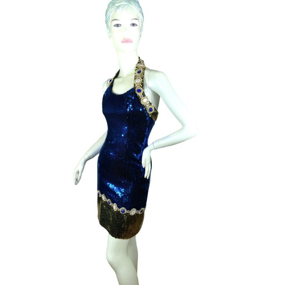 Sequin mini halter dress with jewels blue and gold by Alyce Designs Size XS/S - Picture 5 of 10